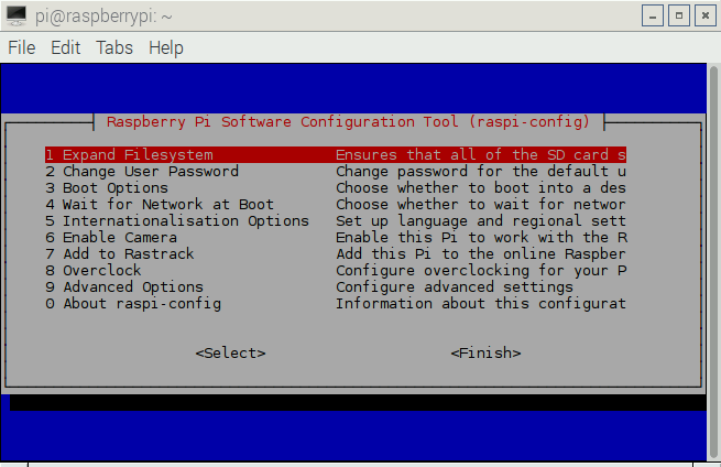 The main menu of raspi-config